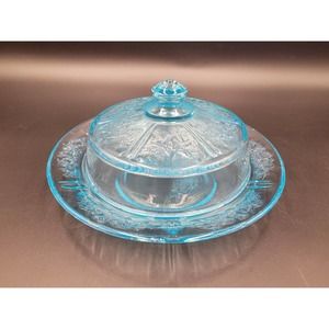 Sharon Cabbage Rose Butter Dish Aquamarine Blue Repro Depression Glass 60s 70s